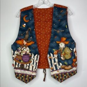 Halloween Pumpkin Witches and Cat Print Open Front Vest Women's M/L